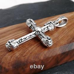 Pendentif croix ornée en argent sterling 925 épais, solide et brillant, double face