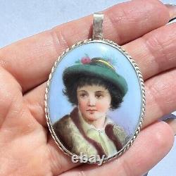 Pendentif de femme en argent sterling vintage 925 avec portrait peint à la main en émail