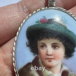 Pendentif de femme en argent sterling vintage 925 avec portrait peint à la main en émail