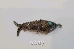 Pendentif en Poisson Émaillé Chinois Articulé en Argent Sterling 925 de 8 Grammes VTG Épice Ho