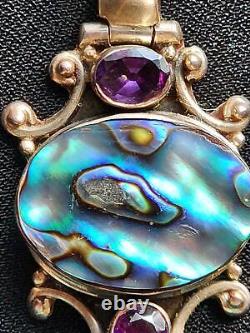 Pendentif en argent sterling avec améthyste vintage et coquillage abalone nacre de mère perle