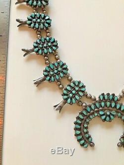 Point De Zuni Petite Vintage Turquoise Squash Blossom Collier Et Boucles D'oreilles Signed