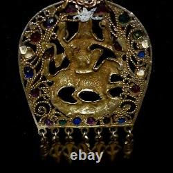 Rare Antique Sterling Jeweled Hindu Goddess & Tiger Pendentif Collier Wow