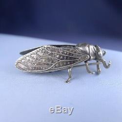 Rare Art Nouveau En Argent Sterling Cicada Broche / Antique Pin D'insectes Chanceux