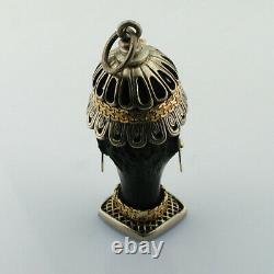 Rare Ebony Sculpté Blackamoor 18k Or Sterling Argent Vintage Pendentif De Charme