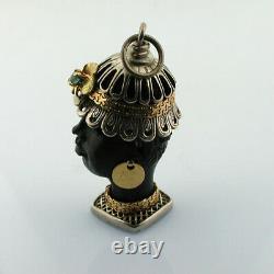 Rare Ebony Sculpté Blackamoor 18k Or Sterling Argent Vintage Pendentif De Charme