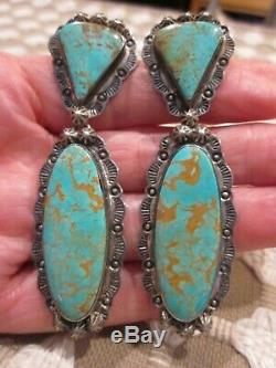 Rare Vintage Navajo Argent Sterling Vert Turquoise 2,75 Long Dangle Boucles D'oreilles