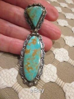 Rare Vintage Navajo Argent Sterling Vert Turquoise 2,75 Long Dangle Boucles D'oreilles