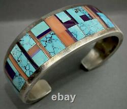 Rare Vintage Navajo Sterling Argent Turquoise Multi Stone Incrustation Bracelet