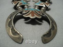 Rare Vintage Navajo Turquoise Coral Sterling Silver Squash Blossom Collier