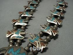 Rare Vintage Navajo Turquoise Coral Sterling Silver Squash Blossom Collier