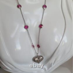 Ravissant collier pendentif cœur en verre rose et argent sterling vintage Italie