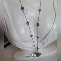 Ravissant collier pendentif cœur en verre rose et argent sterling vintage Italie