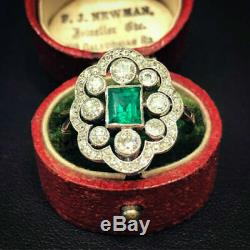 Rétro Vintage Antique Art Déco Bague De Fiançailles En Or 14k Cluster Plus 3tc Emerald
