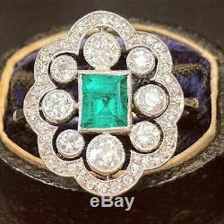 Rétro Vintage Antique Art Déco Bague De Fiançailles En Or 14k Cluster Plus 3tc Emerald