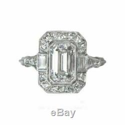 Rétro, Vintage Art Déco Bague De Fiançailles 4 Ct Emerald Diamant Or Blanc 14k Plus
