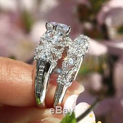 Round Cut Diamond 2 Pcs Engagement De Mariée Vintage Bague Sertie D'or Blanc 14k Fn