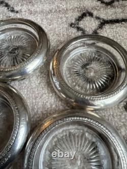 SABEN Ensemble de 4 Sous-verres en Argent Sterling Vintage en Verre Cristal 4