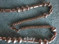 Signé M Vintage Navajo Hand Made Sterling Silver Pearls Barrel Bead Necklace