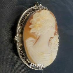 Silver Sterling Creved Lady Cameo Vintage Estate Pin/pendentif/brooch Girl 10,6g