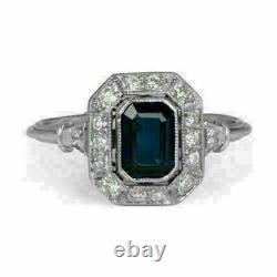 Sparkling 2ct Emerald Cut Bleu Saphir Halo Bagues De Mariage 14k Or Blanc Finition