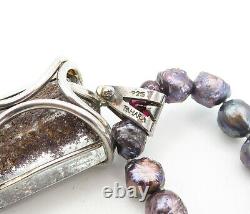 Tahara 925 Argent Vintage Quartz Et Perles Bleues Collier Chaîne Perlée Ne1326