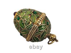 U24098 Oeuf de Pâques en Émail Guilloché Vert en Argent Sterling Vintage avec Pe G2U