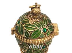 U24098 Oeuf de Pâques en Émail Guilloché Vert en Argent Sterling Vintage avec Pe G2U