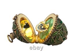 U24098 Oeuf de Pâques en Émail Guilloché Vert en Argent Sterling Vintage avec Pe G2U