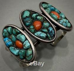Unique Grand Vintage Navajo En Argent Sterling Turquoise Corail Bracelet