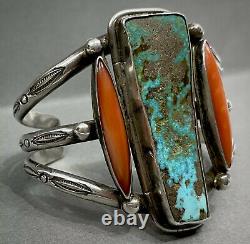 Unique Grand Vintage Navajo Sterling Silver Turquoise Coral Cuff Bracelet