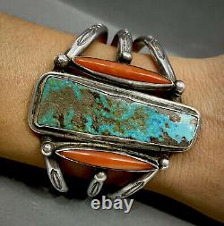 Unique Grand Vintage Navajo Sterling Silver Turquoise Coral Cuff Bracelet