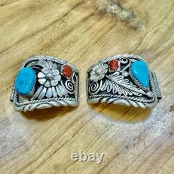 VTG Navajo Argent Sterling Turquoise et Corail Rouge Grandes Bandes de Montre - 34.71g