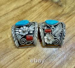 VTG Navajo Argent Sterling Turquoise et Corail Rouge Grandes Bandes de Montre - 34.71g