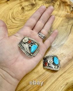 VTG Navajo Argent Sterling Turquoise et Corail Rouge Grandes Bandes de Montre - 34.71g
