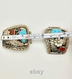 VTG Navajo Argent Sterling Turquoise et Corail Rouge Grandes Bandes de Montre - 34.71g