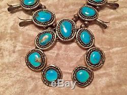 Vente! Vintage Navajo Turquoise En Argent Sterling Squash Blossom Collier