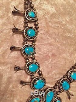 Vente! Vintage Navajo Turquoise En Argent Sterling Squash Blossom Collier