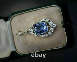 Vintage 3 Ct Coussin Coupé Bleu Topaz Diamond Pendentif 14k Collier Fn En Or Blanc