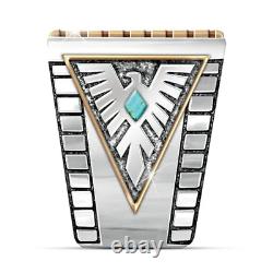 Vintage 925 Pure Sterling Argent Gemme Naturelle Turquoise Diamond Ring Hommes Par