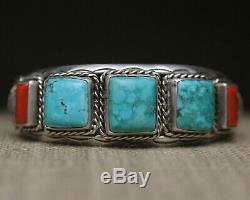 Vintage Amérindien Navajo Turquoise Corail En Argent Sterling Bracelet