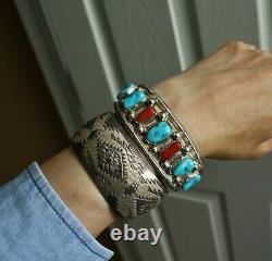 Vintage Amérindien Navajo Turquoise Corail En Argent Sterling Bracelet
