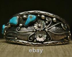 Vintage Amérindien Navajo Turquoise En Argent Sterling Bracelet Foliate