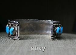 Vintage Amérindien Navajo Turquoise Sterling Bracelet En Argent De Grande Taille