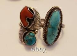 Vintage Amérindien Sterling Silver Turquoise & Coral Ring Lot