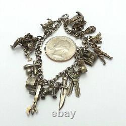 Vintage Antique Bracelet De Charme En Argent Sterling Avec 17 Charmes Beaucoup Articulés