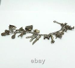 Vintage Antique Bracelet De Charme En Argent Sterling Avec 17 Charmes Beaucoup Articulés