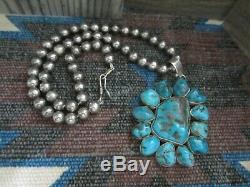 Vintage Arizona Kingman Turquoise Pendentif En Argent Sterling Collier Perles Navajo