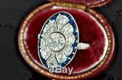Vintage Art Déco 2ct Diamant Rond / Saphir Or Blanc 14k Plus De Bague De Fiançailles
