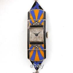 Vintage Art Déco Dames Sterling Silver & Blue, Yellowithorange Enamel Watch